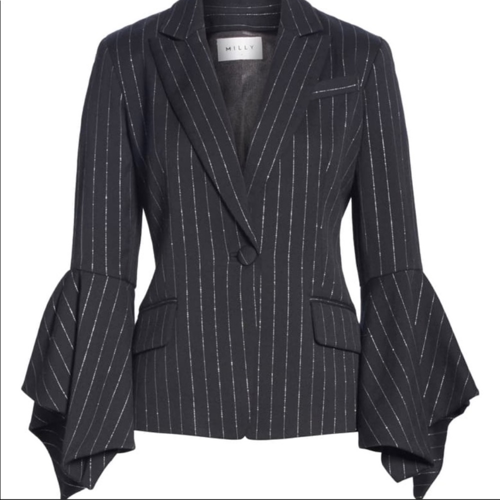 MILLY – Ruffle Sleeve Pinstripe Blazer BLACK / 8